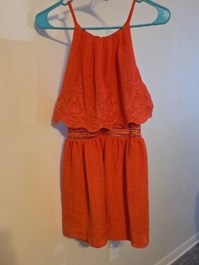 Bright Coral Embroidered Halter Sundress